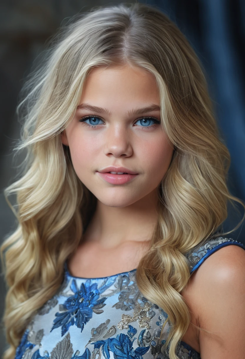 Portrait of a Norwegian beautiful tween, Sydney Cole, Jessa Rhodes, intricate dress, soft smile, huge natural lips, long blonde hair, blue-grey eyes, realism, digital painting, concept art, smooth, sharp focus, rule of thirds, Style-Psycho