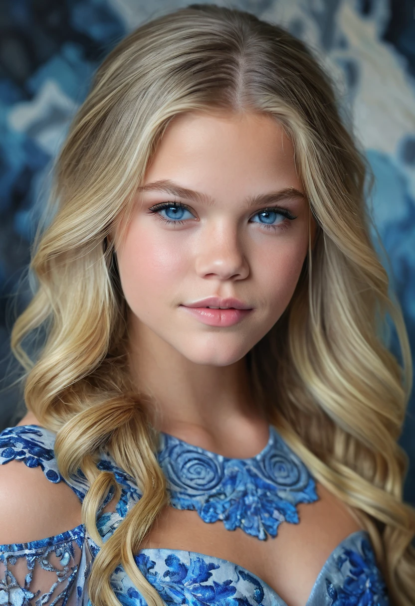Portrait of a Norwegian beautiful tween, Sydney Cole, Jessa Rhodes, intricate dress, soft smile, huge natural lips, long blonde hair, blue-grey eyes, realism, digital painting, concept art, smooth, sharp focus, rule of thirds, Style-Psycho