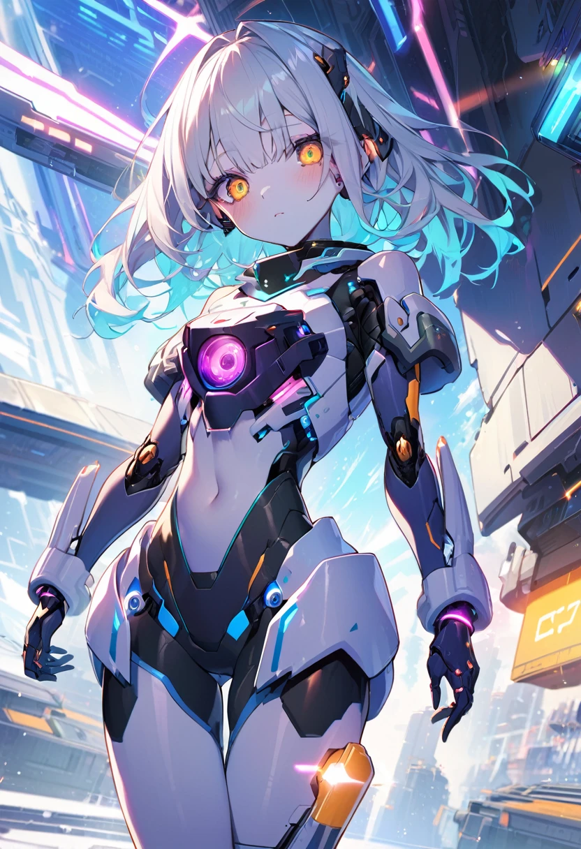 science fiction, android girl(armored skin, brightness camera eyes, cyber joint)