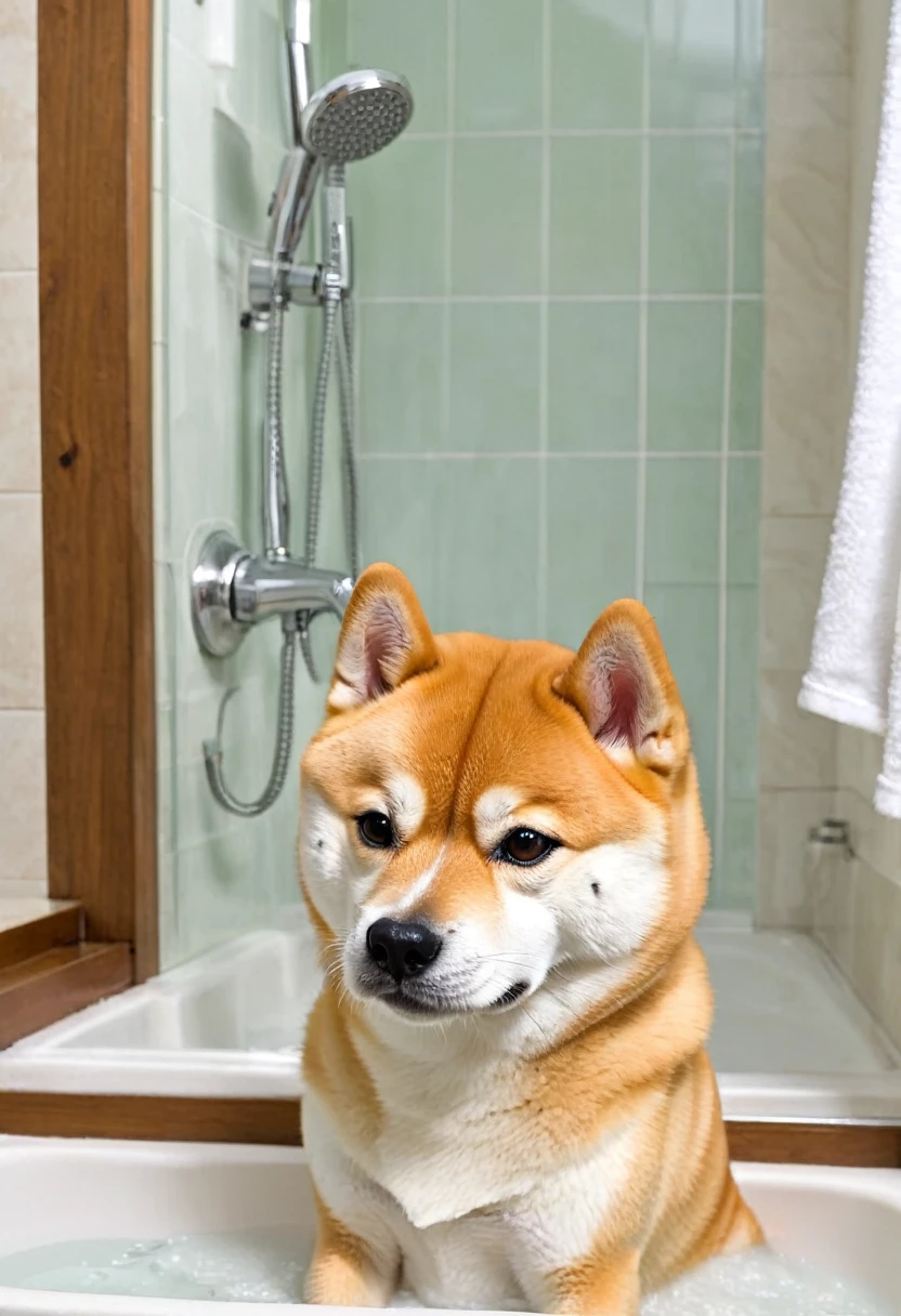 Shiba Inu who hates baths：A scene of her being reluctant in the bathroom。