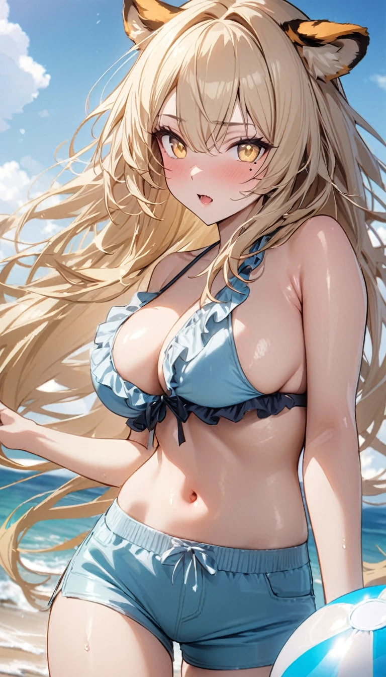1girl、(((best quality)), ((masterpiece)), (details), masterpiece, best quality, high quality, ulutra detailed, perfect face, ((1girl, blond eyes, tiger ears: 1.3 blond long hair: 2.5,Mole under left eye:2.0))、Shiny Hair、Glowing Skin、Lustful look、Large breasts、Sideboob、Ruffled Bikini、Swimsuit shorts、Ocean、Ocean水浴、Holding a beach ball、
