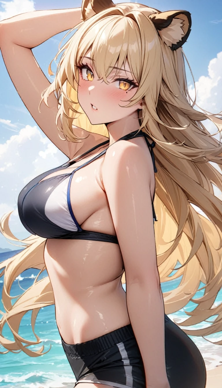 1girl、(((best quality)), ((masterpiece)), (details), masterpiece, best quality, high quality, ulutra detailed, perfect face, ((1girl, blond eyes, tiger ears: 1.3 blond long hair: 2.5,Mole under left eye:2.0))、Shiny Hair、Glowing Skin、Lustful look、Large breasts、Sideboob、Ruffled Bikini、Swimsuit shorts、Ocean、Ocean水浴、Holding a beach ball、