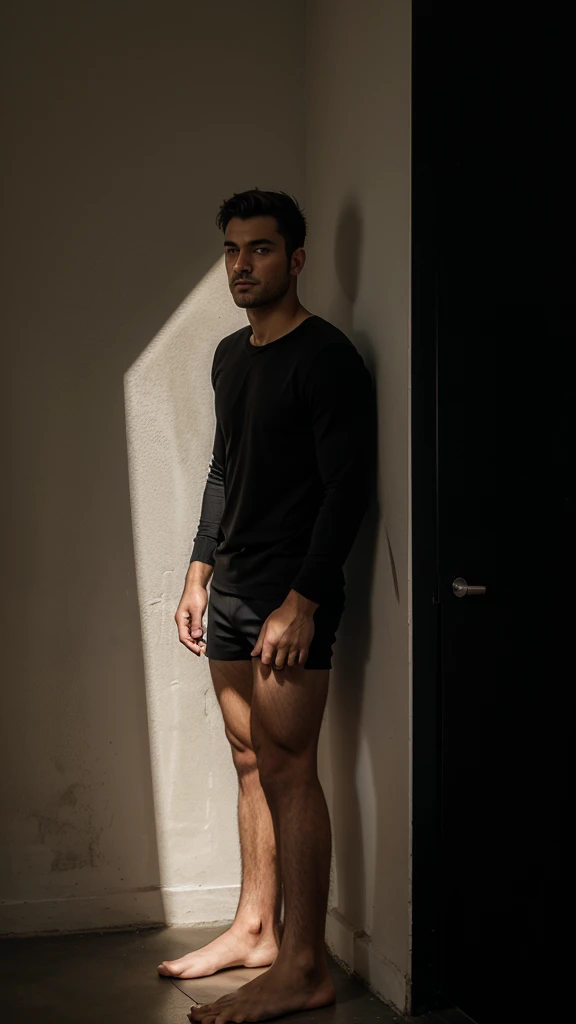 Man standing to wall, body and face forward black background,