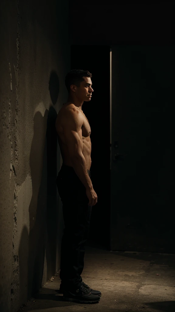 Man standing to wall, body and face forward black background,