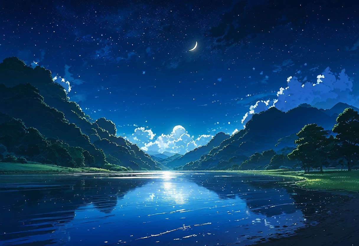 A painting of a river, stars and the moon in the sky, In bright colors, by makoto shinkai. Concept art inspired by Mitsuoki Tosa, pixiv Contest Winner, Highest quality, Fantasy art, Beautiful anime scene, Golden Moon, No humans, Starry Sky, scenery, cloud, Shine, the scenery of night landscapes, Mountain, Rivers.  Bright Moon, Starry Sky environment under the moonlight, Dream Painting, Anime Background art, Fantasy Landscape Painting, A dreamlike night, Anime Background, Background artwork, Dreamy Art, Atmospheric anime, Starry Sky, Detail enhancements.