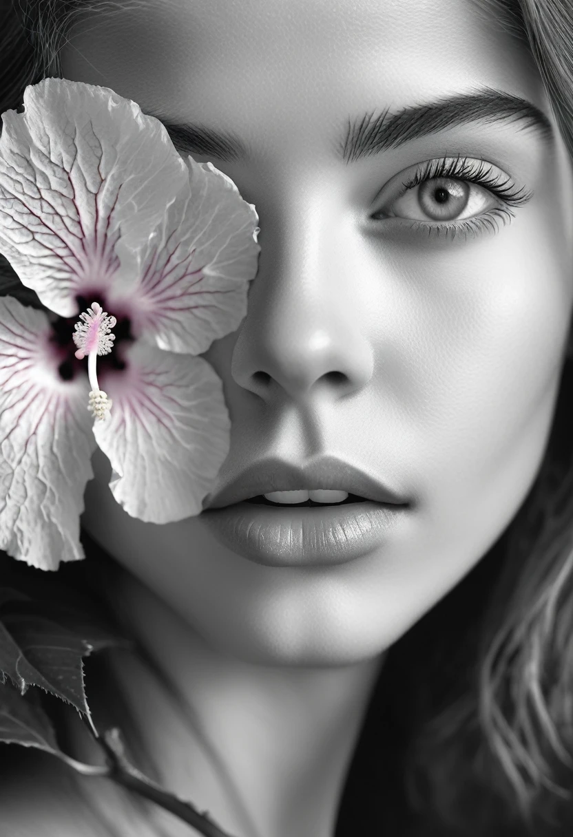 A black and white photo in raw format, zooming in on the intricate details of a young woman's face, shot with a solitary striking Pink Hibiscus, adding a touch of softness and femininity to the composition, enhancing the dramatic contrast and textures of the monochrome image.