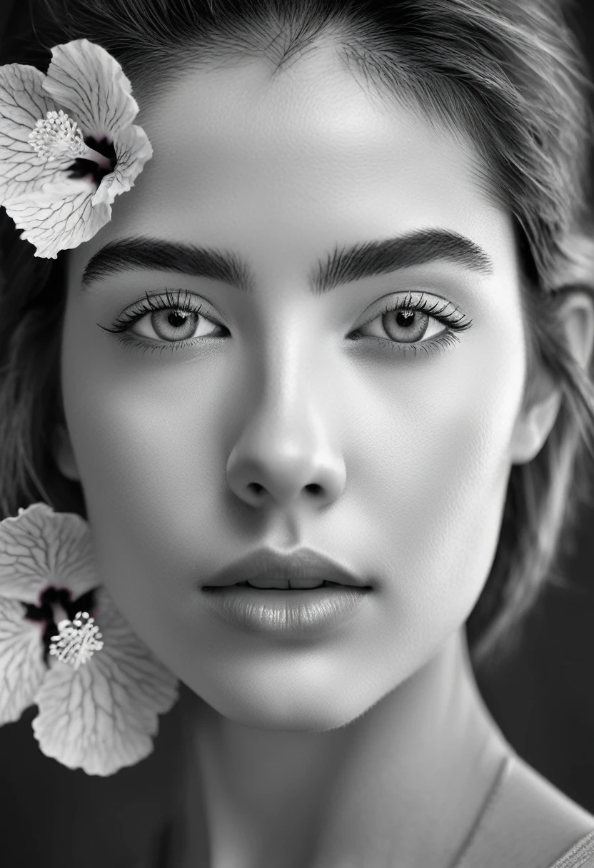 A black and white photo in raw format, zooming in on the intricate details of a young woman's face, shot with a solitary striking Pink Hibiscus, adding a touch of softness and femininity to the composition, enhancing the dramatic contrast and textures of the monochrome image.
