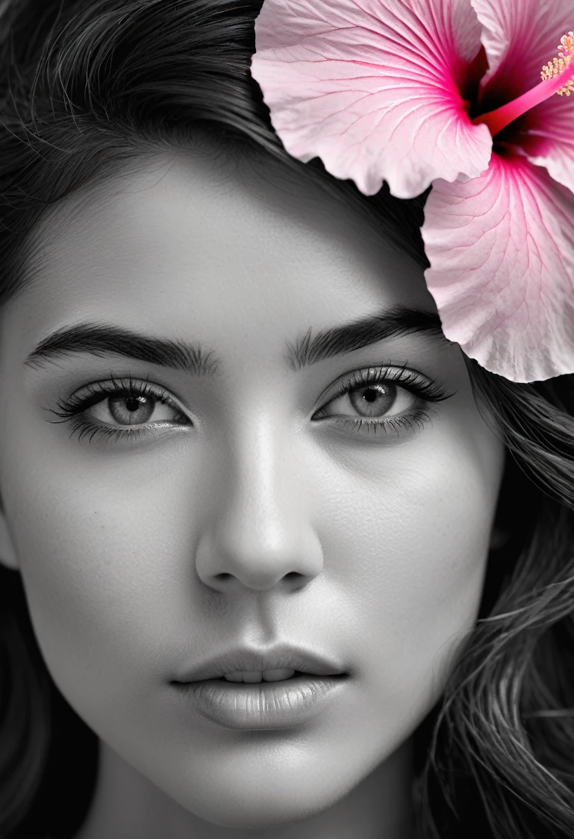 A black and white photo in raw format, zooming in on the intricate details of a young woman's face, shot with a solitary striking Pink Hibiscus, adding a touch of softness and femininity to the composition, enhancing the dramatic contrast and textures of the monochrome image.