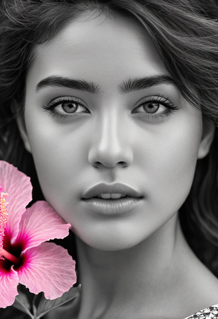 A black and white photo in raw format, zooming in on the intricate details of a young woman's face, shot with a solitary striking Pink Hibiscus, adding a touch of softness and femininity to the composition, enhancing the dramatic contrast and textures of the monochrome image.
