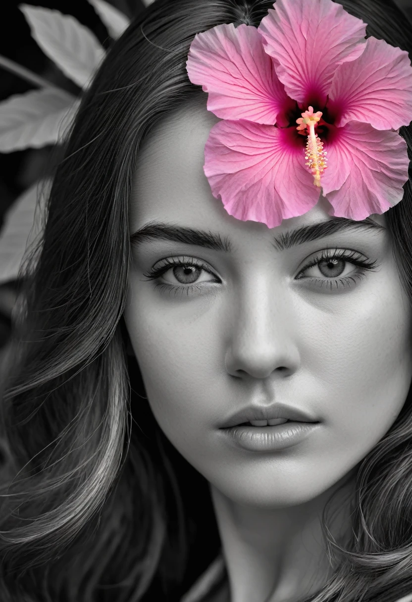 A black and white photo in raw format, zooming in on the intricate details of a young woman's face, shot with a solitary striking Pink Hibiscus, adding a touch of softness and femininity to the composition, enhancing the dramatic contrast and textures of the monochrome image.