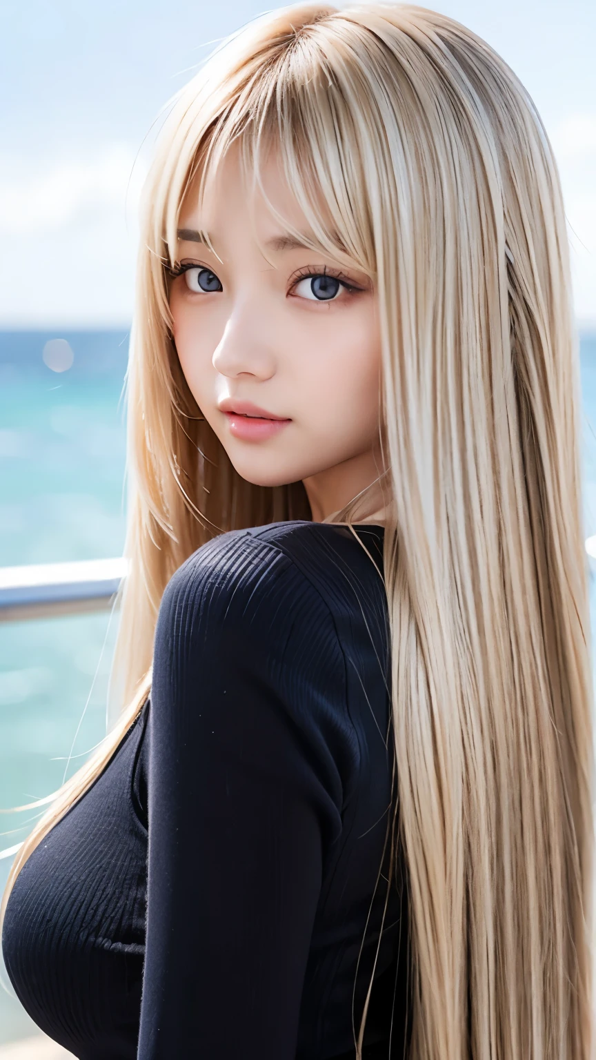 Sexy big 、Sexy and cute look and cute 18-year-old beautiful girl, Beautiful and sexy face、A strong wind blows my hair in front of my face、Long, metallic blonde straight hair、Long, cute and sexy eyes、Hidden in the long bangs