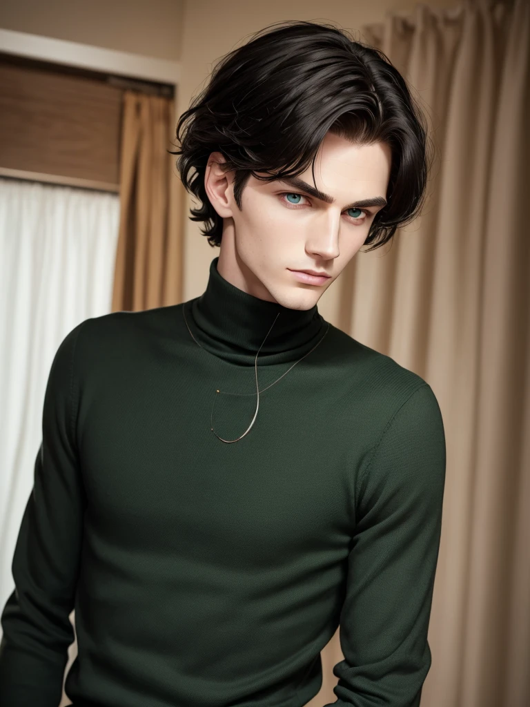 hot guy, model, pretty but masculine male, short-ish black curly hair that covers forehead, pale green eyes, pale skin, black ink tattoo sleeves on both arms, black ink tattoos covering neck and upper torso, toned physique, no body hair, dresses like an alt boy with mostly black clothes and graphic tees with a goth vibe but punk attitude, dimpled smile, angry, surly, sexy, often injured somewhere,