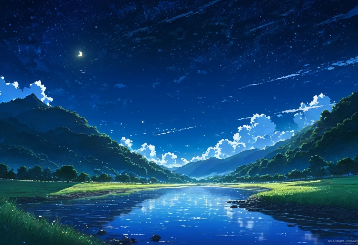 A painting of a river, stars and the moon in the sky, In bright colors, by makoto shinkai. Concept art inspired by Mitsuoki Tosa, pixiv Contest Winner, Highest quality, Fantasy art, Beautiful anime scene, Golden Moon, No humans, Starry Sky, scenery, cloud, Shine, the scenery of night landscapes, Mountain, Rivers. Bright Moon, Starry Sky environment under the moonlight, Dream Painting, Anime Background art, Fantasy Landscape Painting, A dreamlike night, Anime Background, Background artwork, Dreamy Art, Atmospheric anime, Starry Sky, Detail enhancements.high resolution,