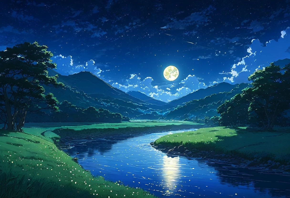 A painting of a river, stars and the moon in the sky, In bright colors, by makoto shinkai. Concept art inspired by Mitsuoki Tosa, pixiv Contest Winner, Highest quality, Fantasy art, Beautiful anime scene, Golden Moon, No humans, Starry Sky, scenery, cloud, Shine, the scenery of night landscapes, Mountain, Rivers. Bright Moon, Starry Sky environment under the moonlight, Dream Painting, Anime Background art, Fantasy Landscape Painting, A dreamlike night, Anime Background, Background artwork, Dreamy Art, Atmospheric anime, Starry Sky, Detail enhancements.high resolution,