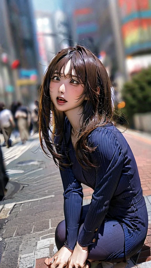 Skyscrapers in the background,masterpiece,Highest quality,High resolution,Anatomically correct,Sweat,Blue suit,pantyhose,shirt,Spread your legs,Spread your legs,Glowing Skin,Forehead,Messy Hair,Long Bob,ID card,Bend your knees and squat,Panting