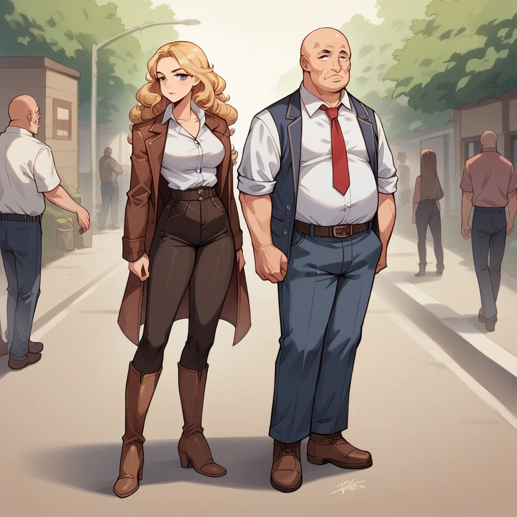 Beautiful woman 25 years old, not very high, long curly light blonde hair, Thin waist, medium breasts, shapely hips, she is wearing a blue and brown leather jacket, Cowboys, long brown boots with fringes, Street. She is chatting with a fat, bald old man., he wears a shirt with a tie