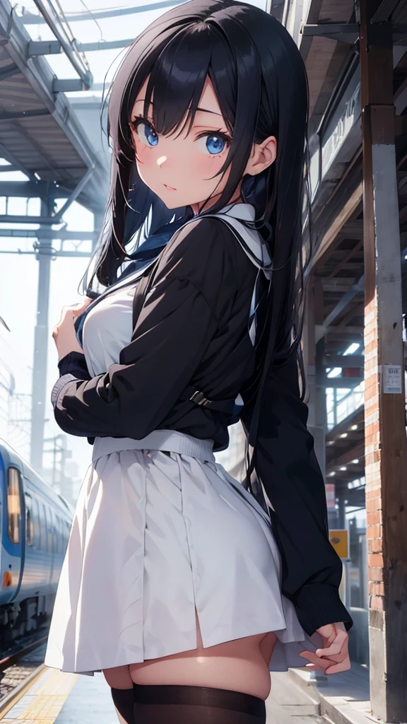 beautiful girl with long black hair, beautiful detailed blue eyes, beautiful detailed lips, extremely detailed face, white high tights, white skirt, dark blue jacket, train station background, anime style, highly detailed, masterpiece, soft colors