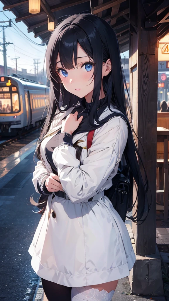 beautiful girl with long black hair, beautiful detailed blue eyes, beautiful detailed lips, extremely detailed face, white high tights, white skirt, dark blue jacket, train station background, anime style, highly detailed, masterpiece, soft colors