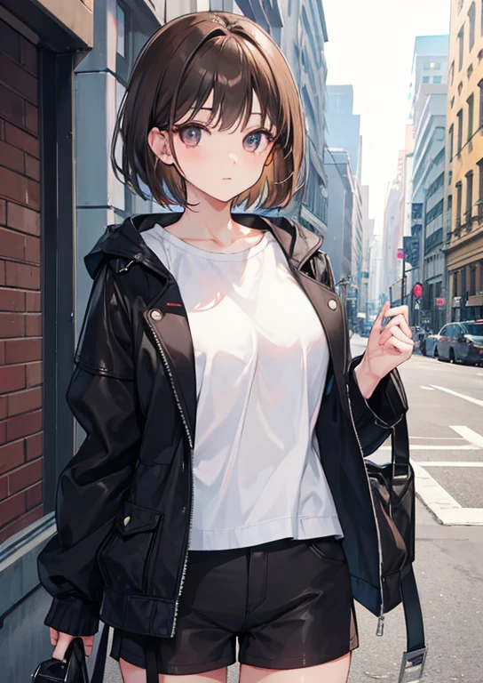 a woman with short brown hair, eyes browns, the clothes are peto shorts, white shirt, a black jacket