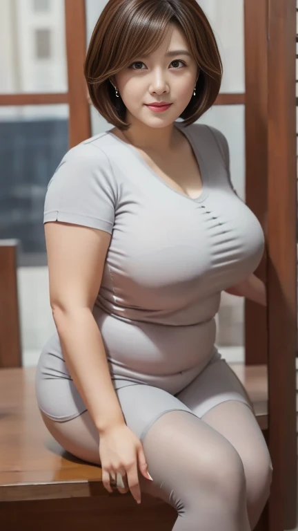 (8K, best quality, masterpiece, Golden Ratio Composition,:1.3, Panoramic view, Full body picture), (40 years old plump Japanese woman in hotel), (90 kg obese body),  (Wearing a turtleneck :1.2), (Legs close-up), (Black tights),  (Snow-white long legs),  (Huge breasts), (No upper body exposed),  (Cropped pants), (穿着Black tights), Soft face line, Gentle and beautiful, (Silver short hair),