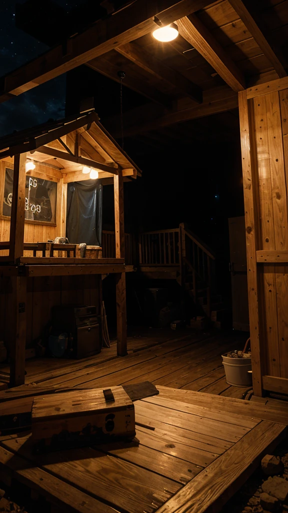 Canvas shack with wood at night in a precarious place
