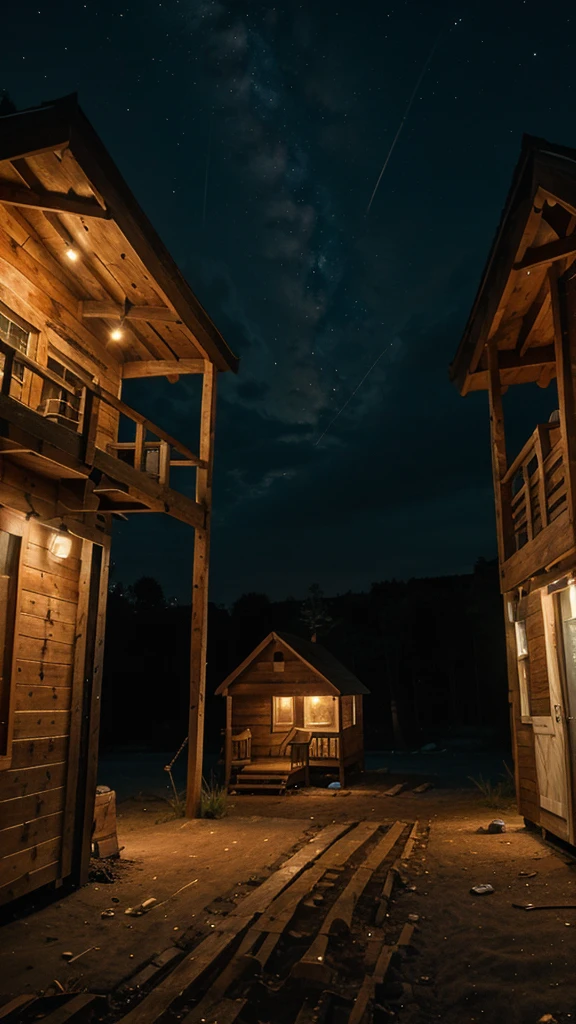 Canvas shack with wood at night in a precarious place 