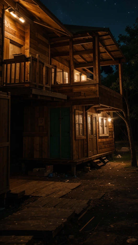 Canvas shack with wood at night in a precarious place