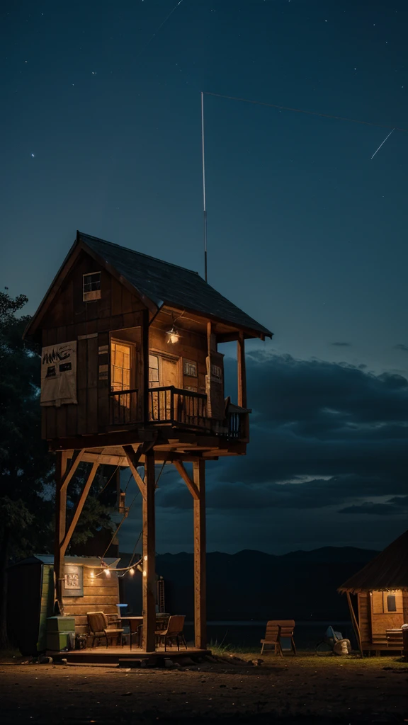 Canvas shack with wood at night in a precarious place 