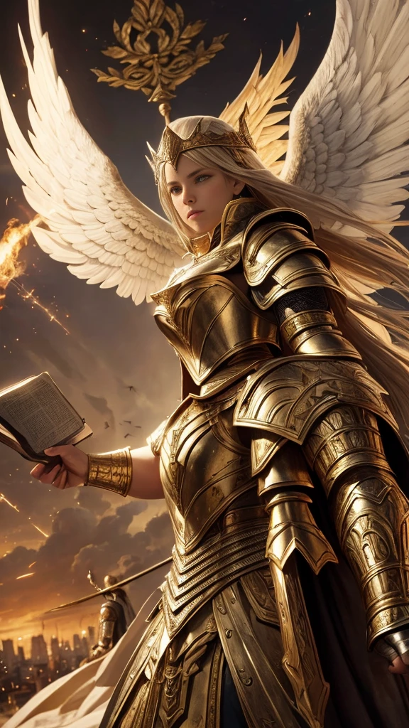Angel, armour , guarding a peasant women and  Bible era, dynamic , power emitting ,moving , ancient t city , ark light,