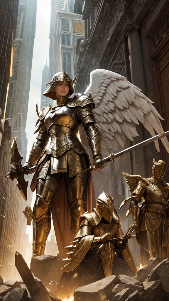 Angel, armour , guarding a peasant women and Bible era, dynamic , power emitting ,moving , ancient t city , ark light,