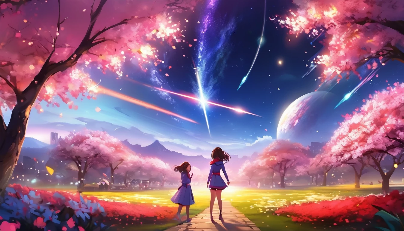 masterpiece, Concept Art, Panorama, in the center, shape, Wide Shot, garden, night, (meteor), Space galaxy background, (Great composition, Epic scale), Dynamic Lighting, Bright colors, cherry blossoms,1 girl,