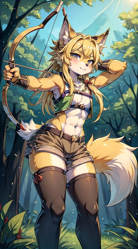 Wolf Boy,Wolf-eared boy,bow箭手少年,Tail,狼Tail,金色Tail,Hunter Junior,furry,furry,hairy,Blonde hair all over,Golden fur,Golden fur,绿色bow箭手服装,Long hair,blond,hunter costume,hunter costume,furry,白色丝绸Knee socks,Knee socks,蕾丝花边Knee socks,Lace style decoration,shorts,蕾丝花边shorts,运动shorts,皮革shorts,Big Ass,Pseudo-sissy ass,femboy,绿色hunter costume,Forest Background,Jungle Background,Outdoor Background,bow,手持bow,Archery pose,Archery pose,手持bow,bow箭,flat chest,Chest wrap