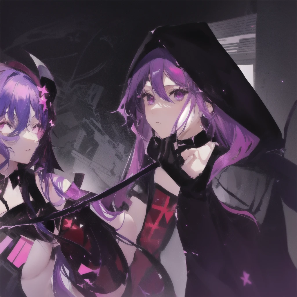 anime characters with purple hair and black hoodies, next to each other, gamoe yandere grimdark, 2d anime style, anime in fantasy style, official fanart, puce and vermilion, Fan art of jogo 2D, A little red and purple, 2d art, 2d art, not anime style, gamoe yandere, 2 d anime, zerochan art