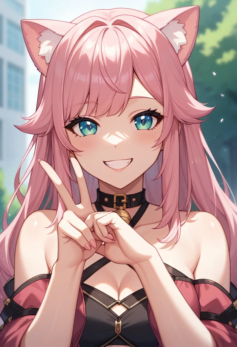 Adult, Female, long pink hair, smiling peace sign, vtuber, , Masterpiece, Accurate, Anatomically Correct, Best Quality, High Details, Detail, Super Detailed, Best detail, Perfect detail, Amazing detail, [-3, 3], perfect hands, best hands, best fingers, perfect fingers, perfect body, best body, amazing body, Looking at viewer, front facing, upper body shot, Cat Ears, Close-Up, 