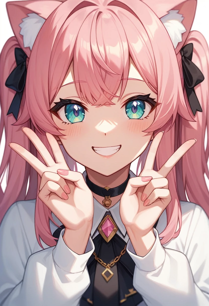Adult, Female, long pink hair, smiling peace sign, vtuber, , Masterpiece, Accurate, Anatomically Correct, Best Quality, High Details, Detail, Super Detailed, Best detail, Perfect detail, Amazing detail, [-3, 3], perfect hands, best hands, best fingers, perfect fingers, perfect body, best body, amazing body, Looking at viewer, front facing, upper body shot, Cat Ears, Close-Up, 