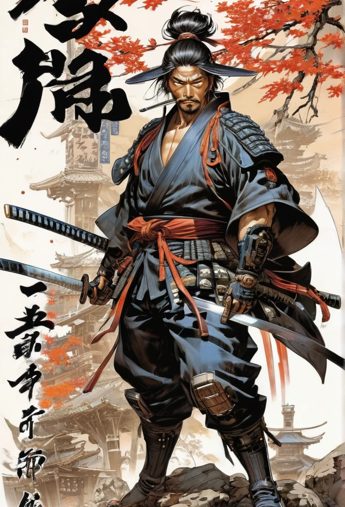 samurai by Masamune Shirow and Takeshi Obata, best quality, masterpiece, Ultra intricate detail, 8k