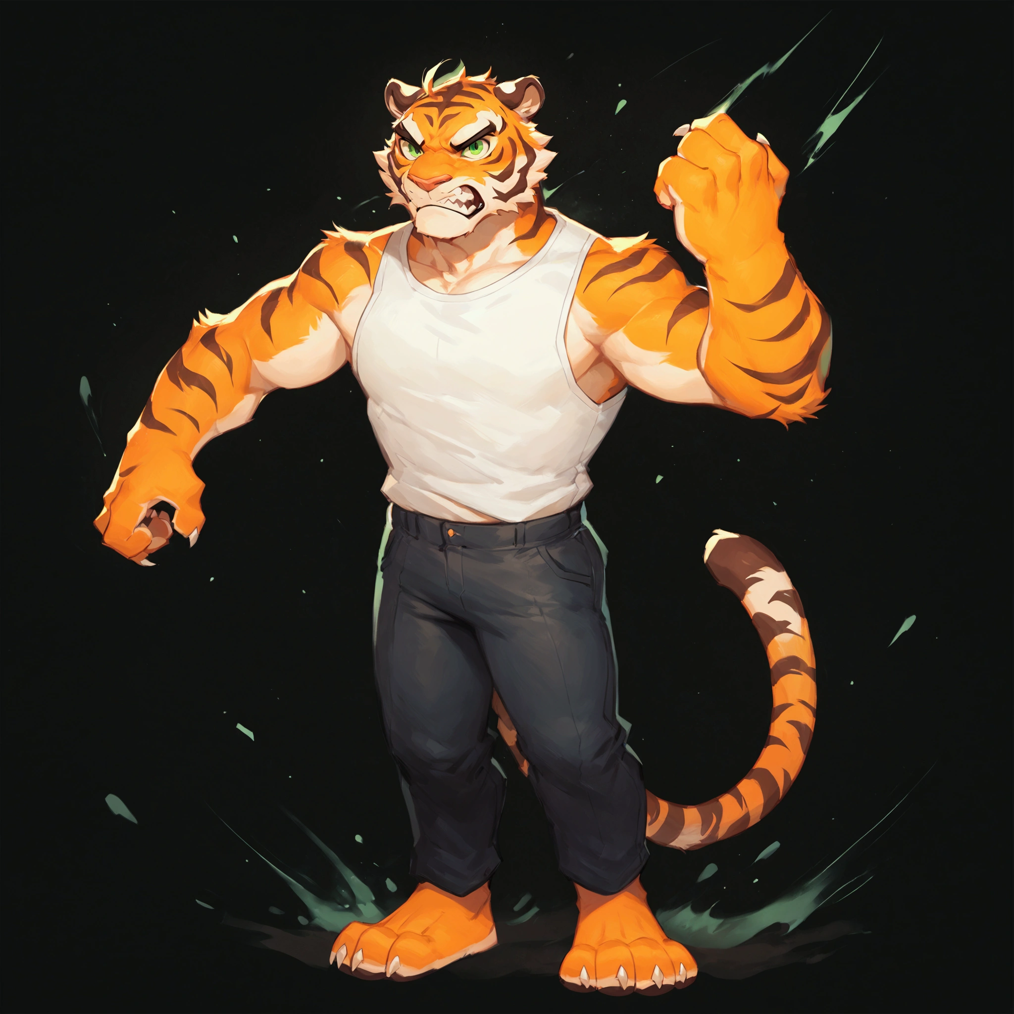 score_9, score_8_up, score_7_up, score_6_up, 1tiger, he has green eyes, he has 4 fingers and sharp claws, he wears white top and black pants, he is furious, he jumps and attacks, he is in the middle of fight, wind is around him
