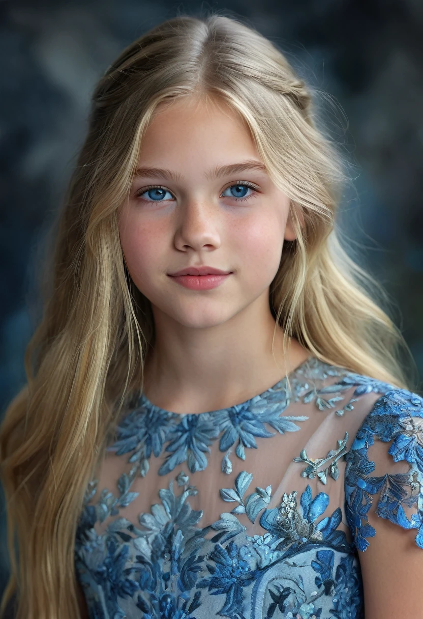 Portrait of a Norwegian beautiful tween, Sydney Cole, intricate dress, soft smile, huge natural lips, long blonde hair, blue-grey eyes, realism, digital painting, concept art, smooth, sharp focus, rule of thirds, Style-Psycho