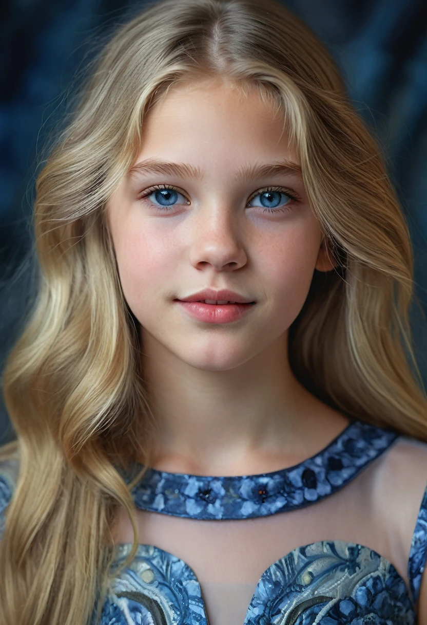 Portrait of a Norwegian beautiful tween, Sydney Cole, intricate dress, soft smile, huge natural lips, long blonde hair, blue-grey eyes, realism, digital painting, concept art, smooth, sharp focus, rule of thirds, Style-Psycho