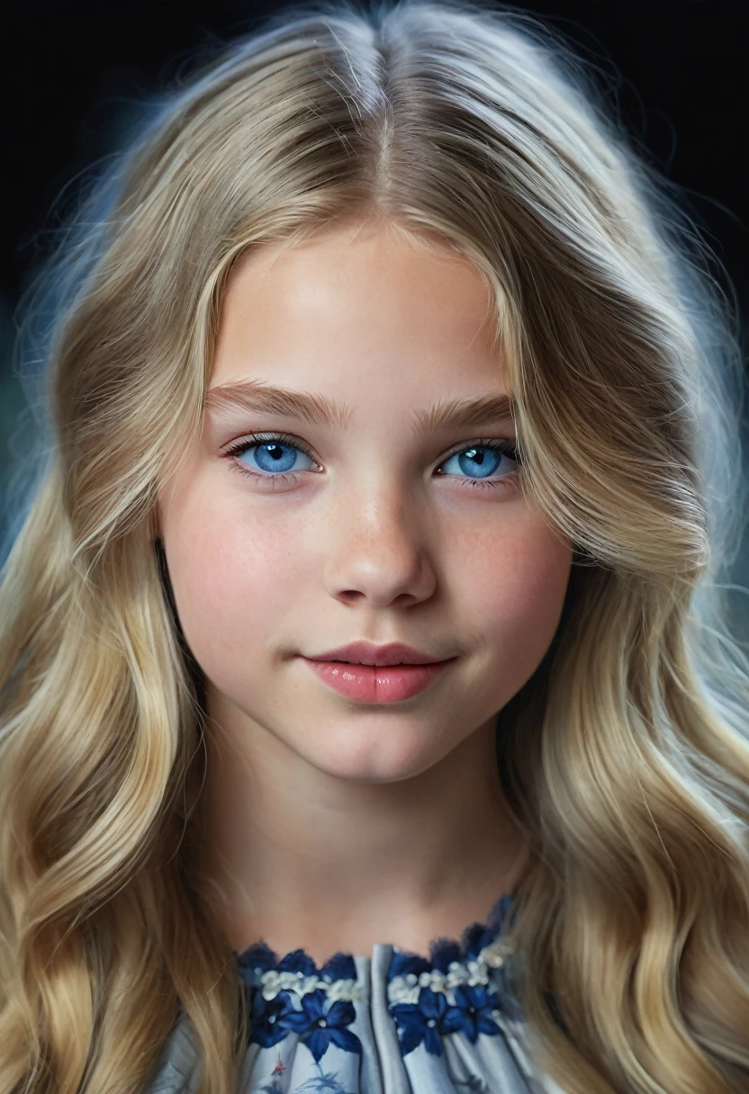 Portrait of a Norwegian beautiful tween, Sydney Cole, intricate dress, soft smile, huge natural lips, long blonde hair, blue-grey eyes, realism, digital painting, concept art, smooth, sharp focus, rule of thirds, Style-Psycho