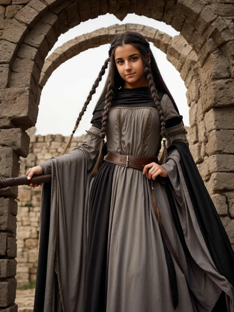 Female, Teen, Olive Skin, Grey Eyes, Long Black French Braided Hair, Medieval Dress, transformation into a harpy 