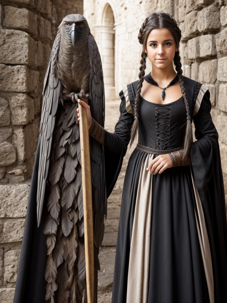 Female, Teen, Olive Skin, Grey Eyes, Long Black French Braided Hair, Medieval Dress, transformation into a harpy 