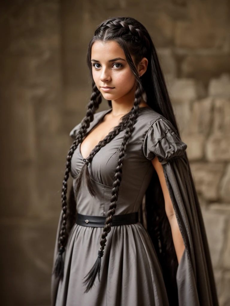 Female, Teen, Olive Skin, Grey Eyes, Long Black French Braided Hair, Medieval Dress, transformation into a harpy 