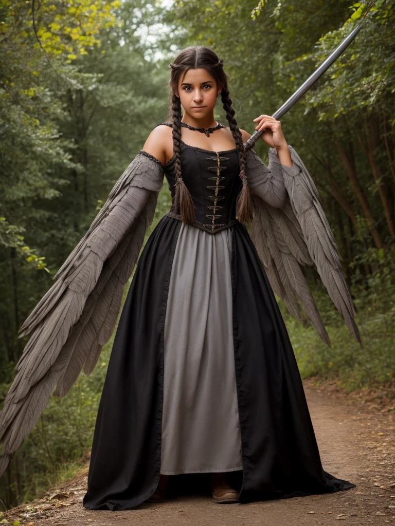 Female, , Olive Skin, Grey Eyes, Long Black French Braided Hair, Medieval Dress, transformation into a harpy 