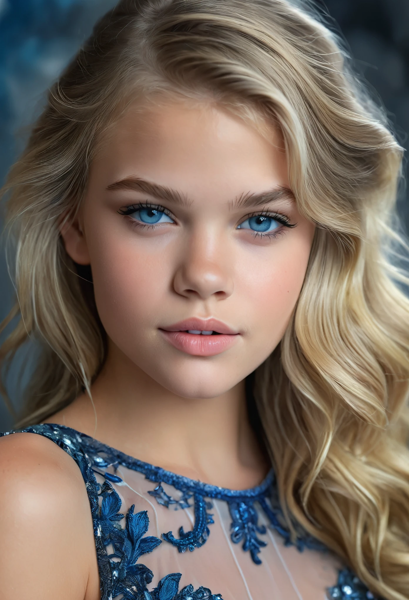 Portrait of a Norwegian beautiful tween, Sydney Cole, Jessa Rhodes, intricate dress, soft smile, huge natural lips, long blonde hair, blue-grey eyes, realism, digital painting, concept art, smooth, sharp focus, rule of thirds, Style-Psycho