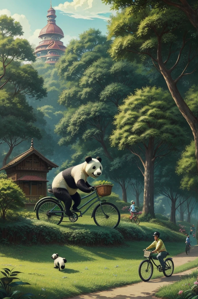 Man riding a vintage bicycle in a lush green park, observing a playful panda running alongside, whimsical, detailed character design, realistic shading, vibrant colors, joyful atmosphere, digital painting by Bobby Chiu and Simon Stålenhag, artstation trend, 4k resolution