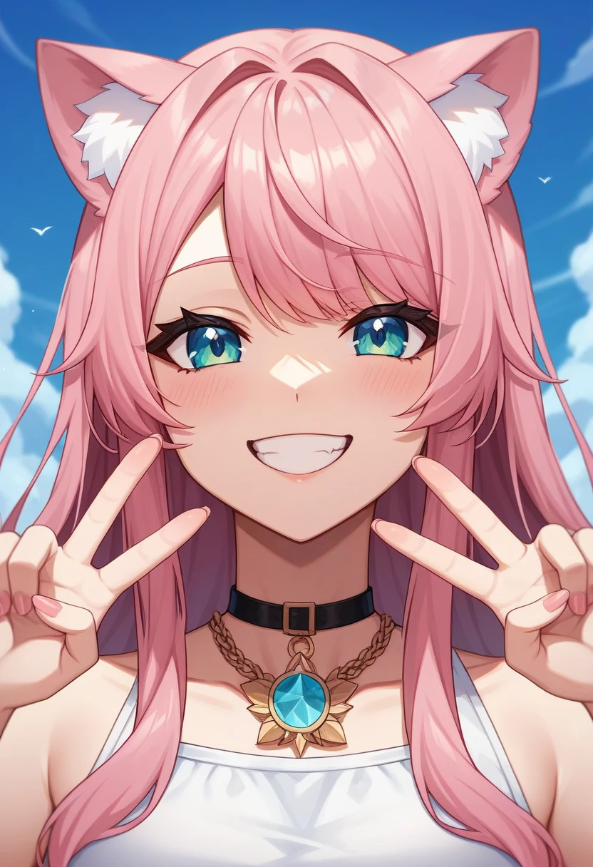 (((imminent cumshot))), 1boy, 1girl, green eyes, joyful laugh, Masterpiece, best quality, 8k, Professional Photography, Angel girl, detailed face, (blonde hair:1.3), (pink highlights:1.5), very long hair, (Iridescent halo), perfect nose,