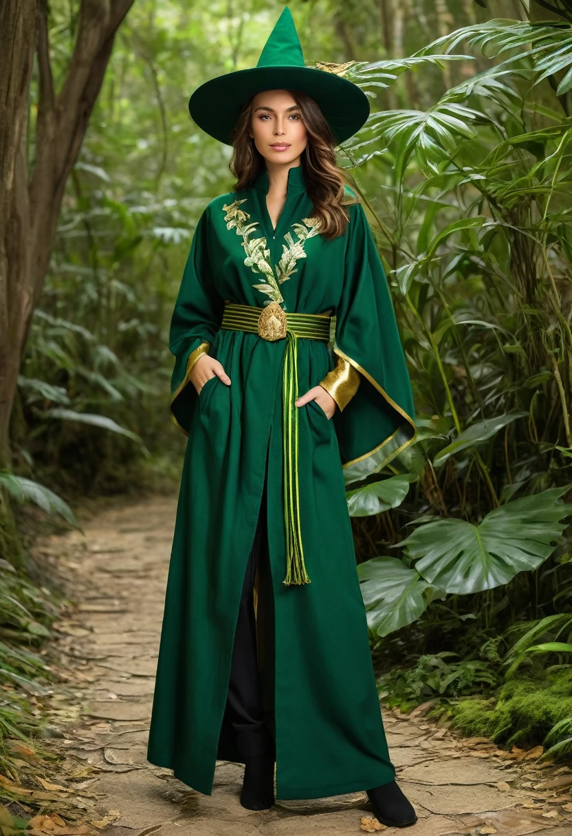 create uniforms for the school of magic and witchcraft wizard castle 
Robe:Color: Emerald green.Material: Thick, durable fabric, similar to high-quality linen or cotton.Details: Gold embroidery on the sleeves and hem, with patterns resembling tropical plant leaves. The robe has a comfortable fit, with wide sleeves and a gold belt at the waist.Pants/Skirts:Color: Dark green.Material: The same thick, durable fabric.Details: Discreet gold embroidery on the hem, imitating roots or vines. For students who prefer skirts, the length reaches the knee, with soft pleats.Cloak:Color: Moss green with a gold lining.Material: Heavy velvet for colder months and a lighter fabric for the hot Amazon climate.Details: The cloak is fastened with a gold brooch in the shape of a leaf or a native animal of the forest, such as a jaguar or an exotic bird.Shoes:Color: Black or dark brown.Material: Leather.Details: Comfortable, designed for walking on forest trails, with non-slip soles.Hat:Color: Green with a gold band.Material: Light and rain-resistant fabric.Details: The hat has wide brims to protect from the sun and rain, with a small gold embroidery on the band.Accessories:Scarf: Green with gold stripes for colder days.Gloves: Green with gold details on the cuffs.School Insignia:Location: On the left chest of the robe.Design: A gold emblem with the symbol of Castelobruxo, representing the flora and fauna of the Amazon, such as an enchanted tree or a mythical animal from the region