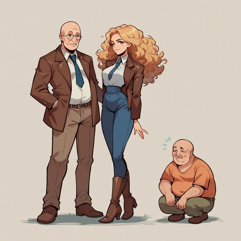 Beautiful woman 25 years old, not very high, long curly light blonde hair, Thin waist, medium breasts, shapely hips, she is wearing a blue and brown leather jacket, Cowboys, long brown boots with fringes, Street. She is flirtatiously chatting with a fat, bald old man., he wears a shirt with a tie