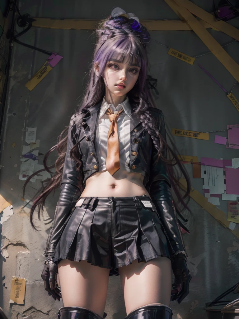 photo Realistic, masutepiece, Realistic, High contrast, hyper Detailed, Best Quality, 超A high resolution, photo Realistic, High resolution, Detailed, Raw photo, Kyoko Kirigiri, Long hair, Purple hair, Side braid, Blunt bangs, Hair Ribbon, a black ribbon, High collar, Brown tie, Black Motorcycle Jacket, Long sleeves, Black Gloves, Black mini skirt, Pleated skirt,(( Black long boots)), (((Full Shot))), Danganronpa \(Series\), Street, Full Shot, Looking at Viewer, White shirt, Woman, (((From below))), Busy city, foreshortening, (Pose Seductive), Looking at Viewer, mad, (eyecontact), japanaese girl,